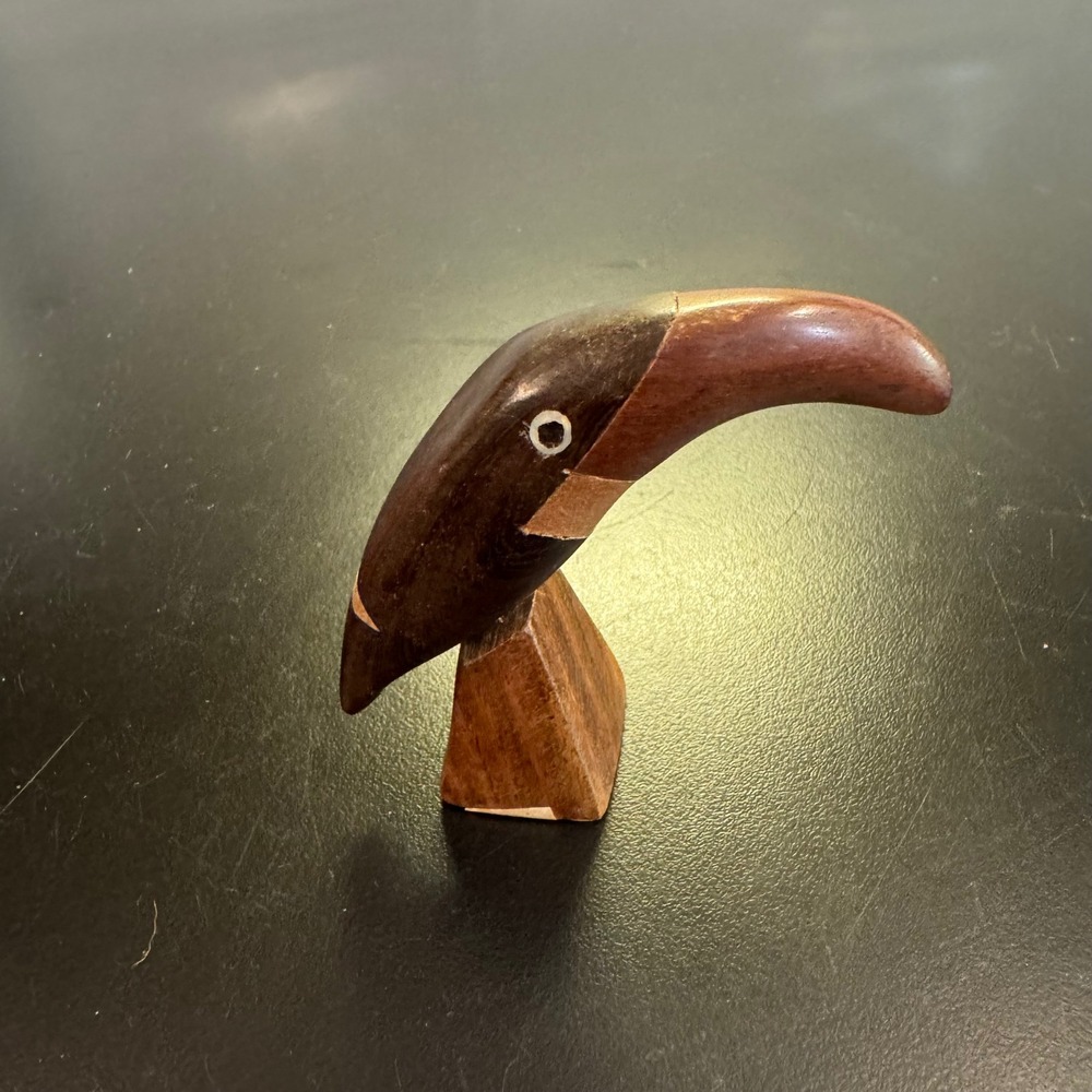 Hand Carved Toucan Bird Figurine Small Brown Black Wood Minimalist Sculpture
